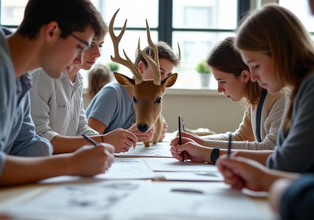 Students drawing mammal specimens in a Japanese workshop